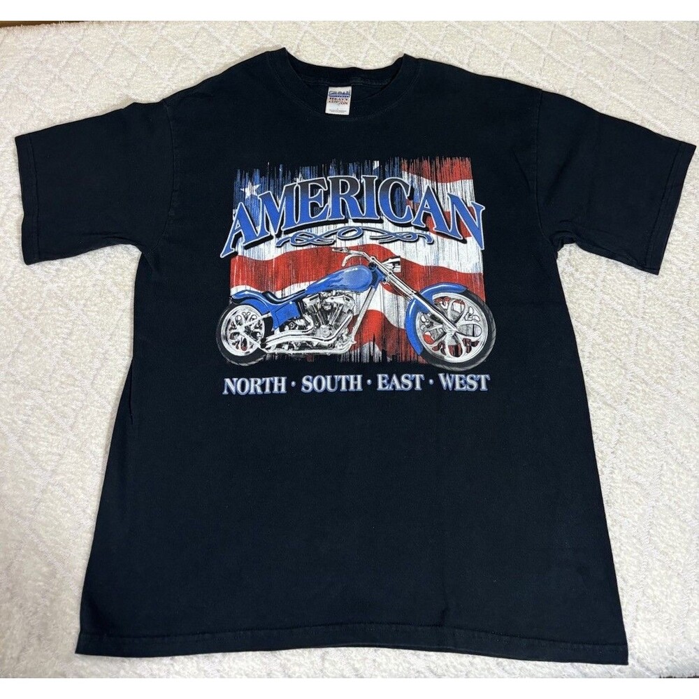 Vintage Y2K  American Steel Biker Motorcycle American Flag Tee Size L Gildan